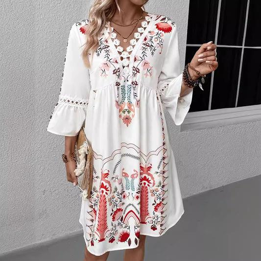 Vestido bohemio informal con cuello en V y estampado de patchwork y encaje para mujer