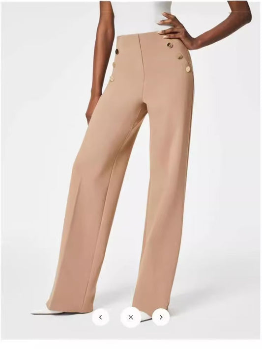 Pantalones rectos elásticos con botones y cintura alta informales a la moda para mujer