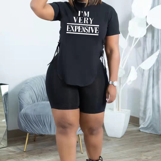 Conjunto deportivo de dos piezas para mujer, informal, con tirantes y estampado de letras, camiseta de manga corta y pantalones cortos de color liso.