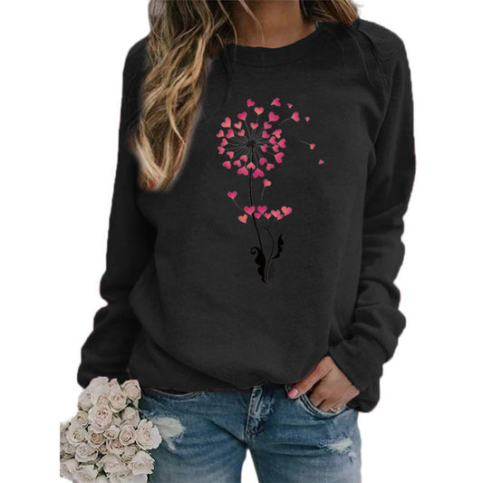 Sudadera holgada informal con estampado de diente de león y corazón para mujer, cuello redondo y manga larga