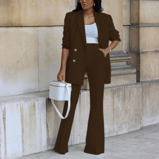 Traje de dos piezas con blazer informal de color liso y pantalones anchos para mujer