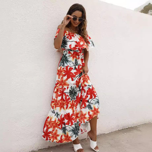 Bohemian Summer Women Casual Flower Print Off-Shoulder Ruffled Maxi Dress