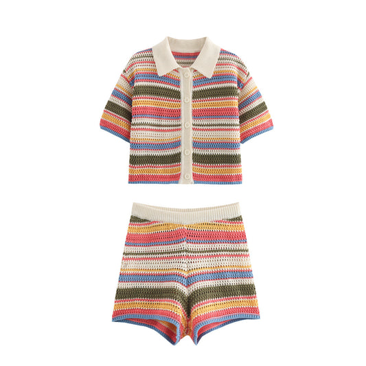 Conjunto de dos piezas de punto corto con solapa y manga corta con estampado de rayas informal para mujer