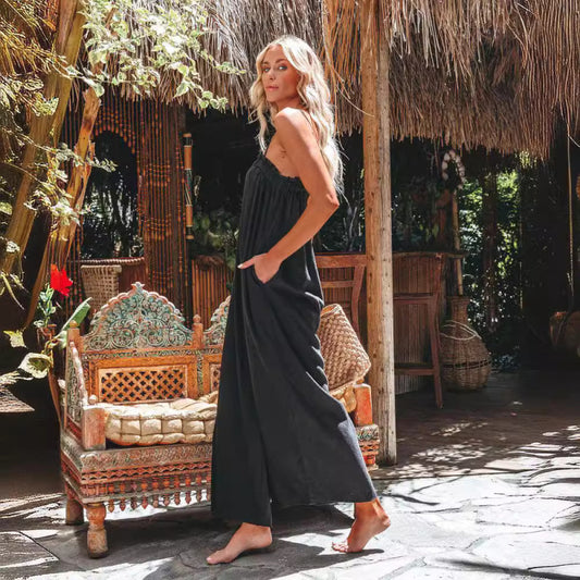 Women Casual Summer Vacation Solid Color Strap Wide Leg Loose Jumpsuits
