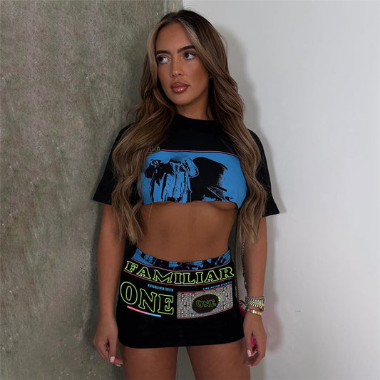 Fashion Women'S Round Neck Casual Letter Print Cropped T-Shirt High Waist Tight Skirt Set