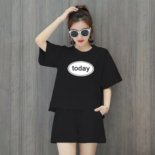Conjunto de 2 piezas de camiseta de manga corta con cuello redondo, pantalones cortos y cintura definida, estampado de color liso y holgado para mujer