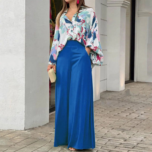 Conjunto de dos piezas de blusa holgada informal estampada y pantalones de pierna ancha para mujer de verano