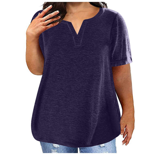 Women Casual Plus Size Solid Color V-Neck Short Sleeve Pocket T-Shirt