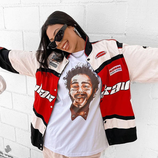 Chaqueta de béisbol de motociclista de manga larga informal con estampado de bloques de color estilo deportivo a la moda para mujer