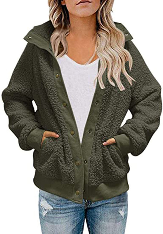 Abrigo de peluche holgado informal de invierno de manga larga y color liso para mujer