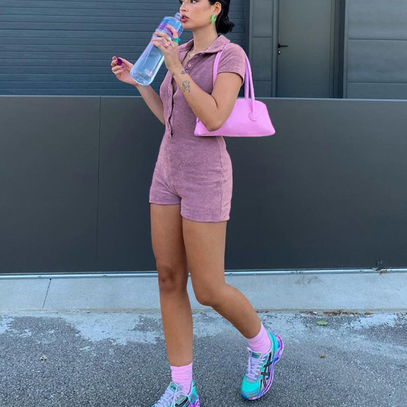 Women Fashion Casual Solid Color Lapel Singl- Breasted Short Sleeve Romper