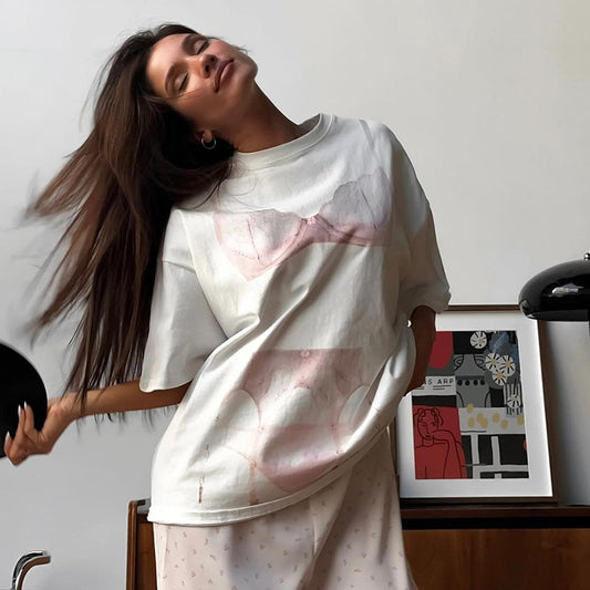 Women Fashion Casual Underwear Printed Round Neck Short Sleeve Loose T-Shirt