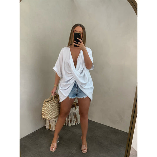 Blusa informal de color liso con cuello en V y nudo para mujer
