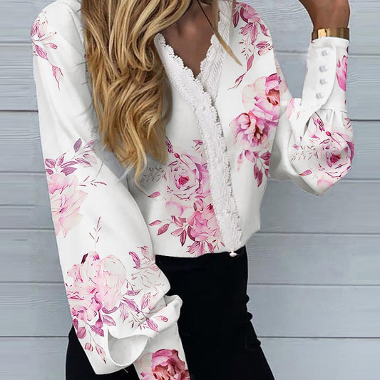 Camisa informal de encaje con cuello en V y estampado floral para mujer