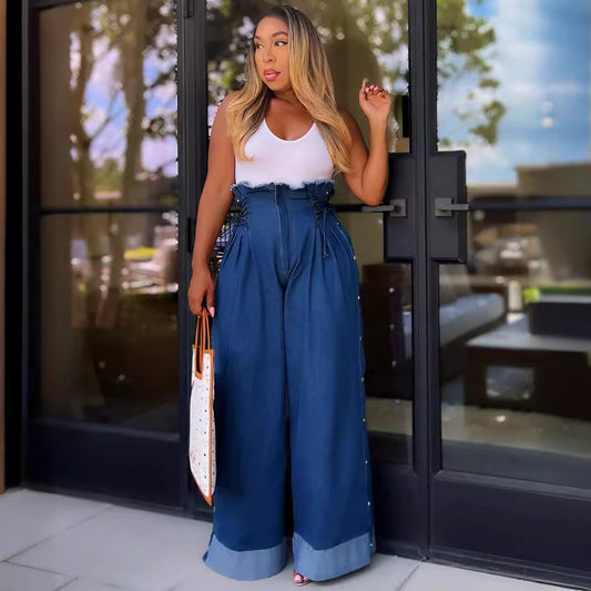 Vaqueros de pierna ancha y cintura alta informales a la moda para mujer