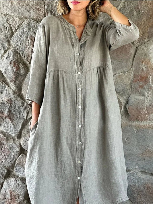 Casual Women Cotton Linen Solid Color Button Shirt Dress