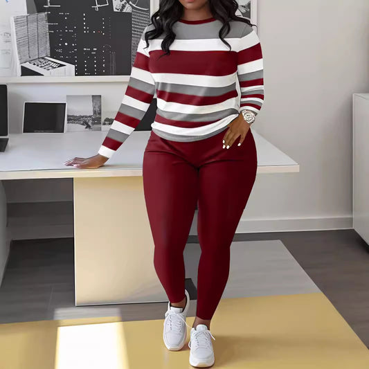 Conjunto informal de dos piezas con cuello redondo y bloques de color a la moda para mujer