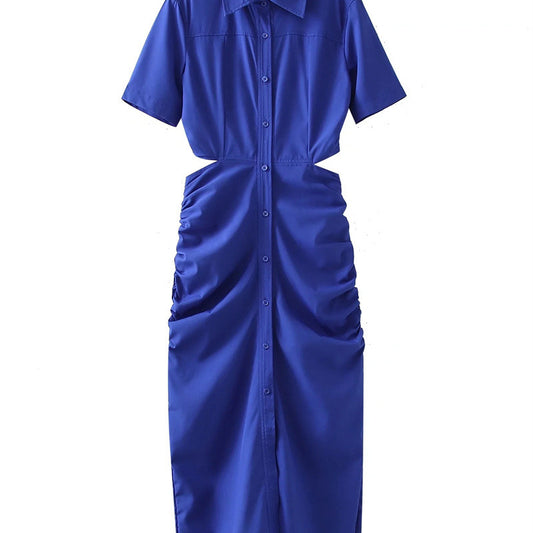 Women Casual Solid Color Back Hollow Short-Sleeved Buttoned Shirt Dress