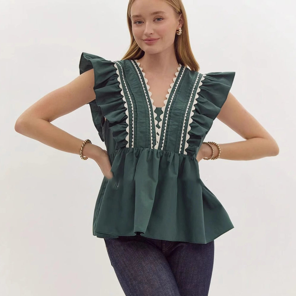 Camiseta informal con cuello en V y mangas con volantes para mujer