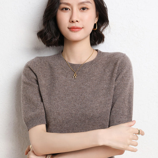 Spring And Summer Women Solid Color Casual Versatile Knitted Short-Sleeved Round Neck Knitwear Sweater