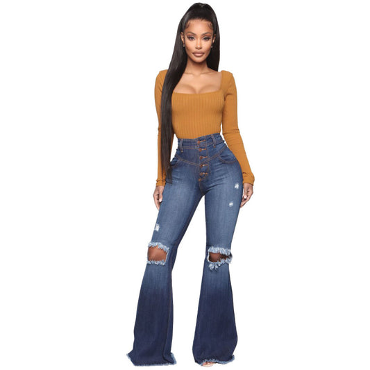 Women Casual Elegant Raw Hem Ripped Flare Jeans