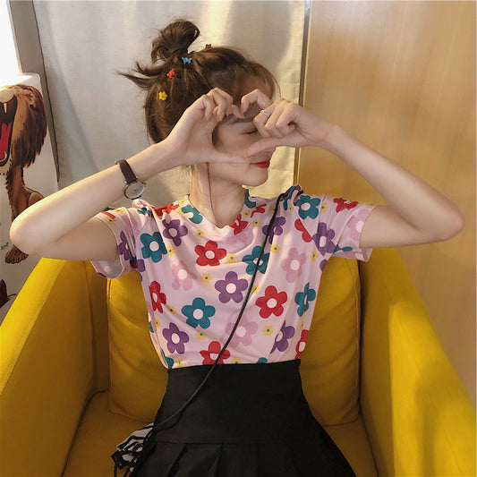 Camiseta informal de manga corta con estampado floral dulce para mujer