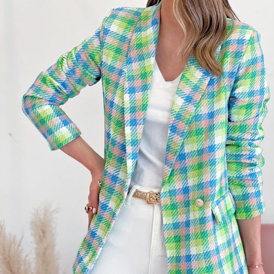 Chaqueta blazer cruzada con estampado a cuadros de manga larga informal para mujer