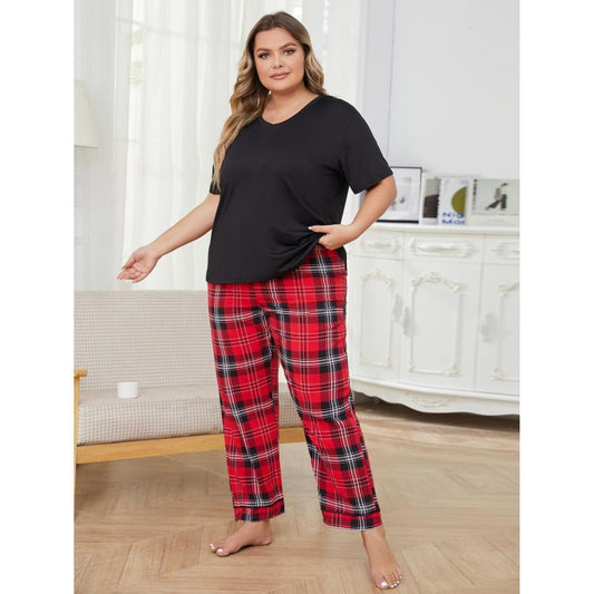 Conjunto de pijama informal a cuadros de talla grande para mujer