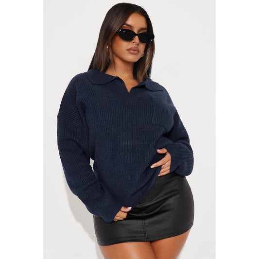 Women Loose Lapel Casual Pullover Knitted Sweater