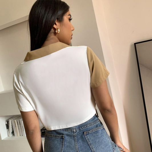 Blusa corta informal elegante de manga corta con bolsillos y bloques de color para mujer