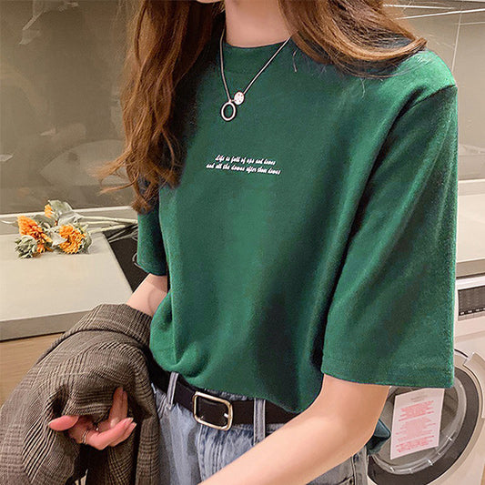 Camiseta informal de manga corta con cuello redondo y estampado de letras para mujer