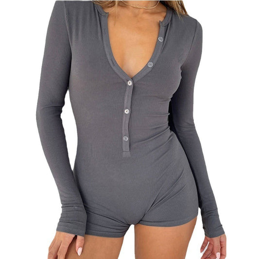 Women Casual Solid Color V-Neck Long Sleeve Rompers