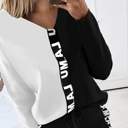 Conjunto deportivo informal para mujer, con estampado de letras en colores contrastantes, camiseta de manga larga con cuello en V y pantalones pitillo