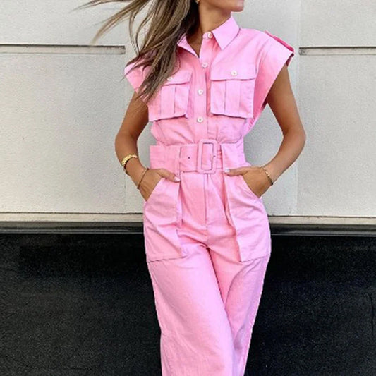 Women Fashion Casual Solid Color Multi-Pocket Cargo Jumpsuit