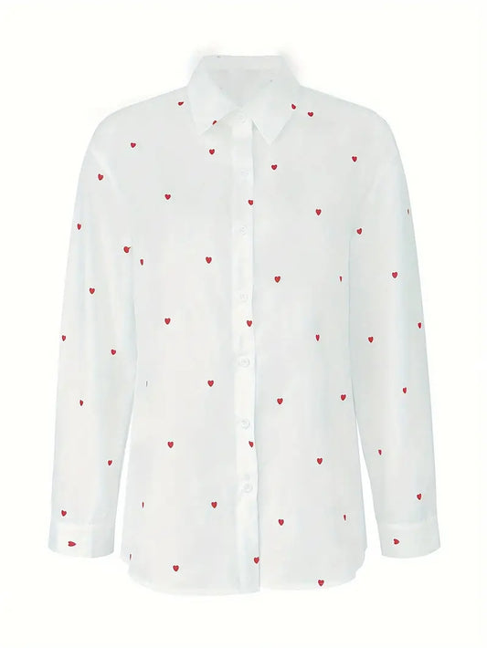 Blusa informal de manga larga con solapa y estampado de amor para mujer
