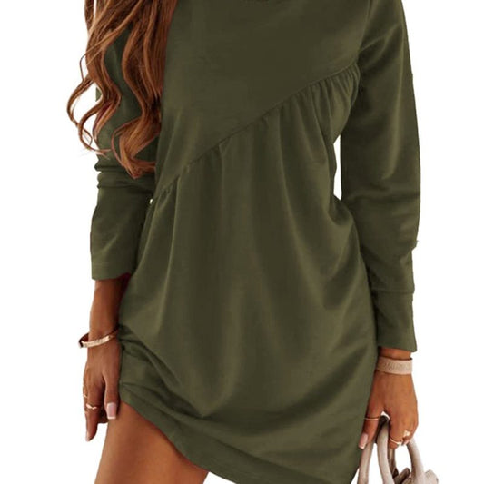 Vestido informal largo de color liso con cuello redondo irregular y manga larga para otoño e invierno.