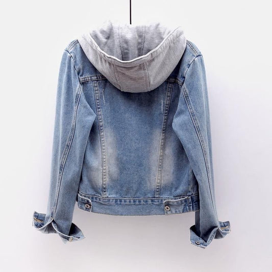 Chaqueta vaquera informal con capucha y parches para mujer