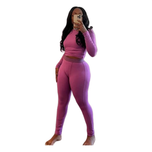 Women Fashion Casual Long-Sleeve Top Tight Pants Yoga Sports Two-Piece Set