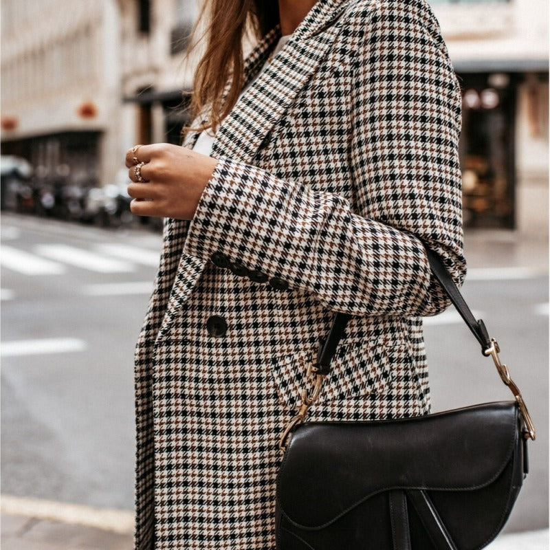 Chaqueta de traje de manga larga con estampado a cuadros informal a la moda para mujer