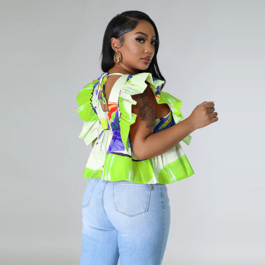 Blusa informal de manga corta con cuello en V y estampado floral arrugado para mujer