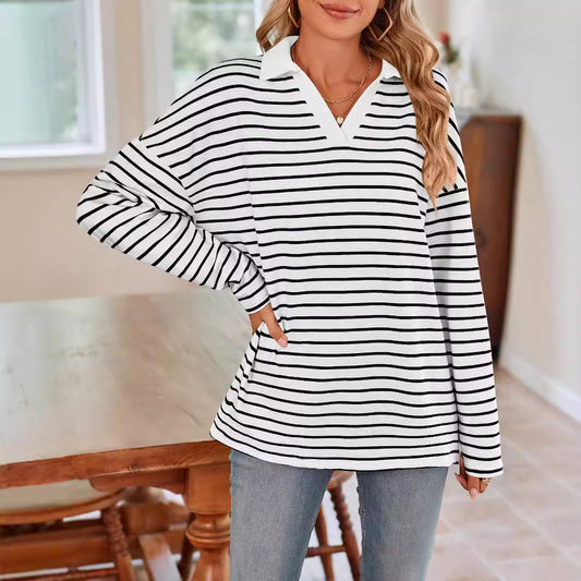 Sudadera informal de manga larga con solapa y rayas holgadas para mujer