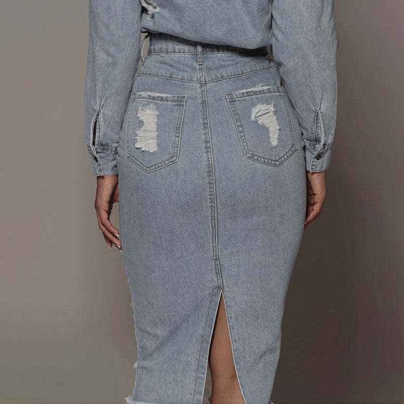 Retro Casual Women Solid Color Mid Length Blue Ripped Denim One Step Skirt