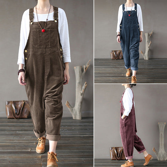 Women Fashion Vintage Corduroy Solid Color Casual Long Overalls Jumpsuits