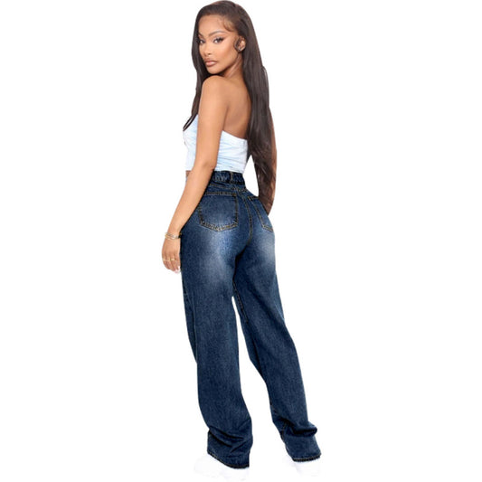 Women Casual Raw Hem Ripped Denim Wide Leg Jeans