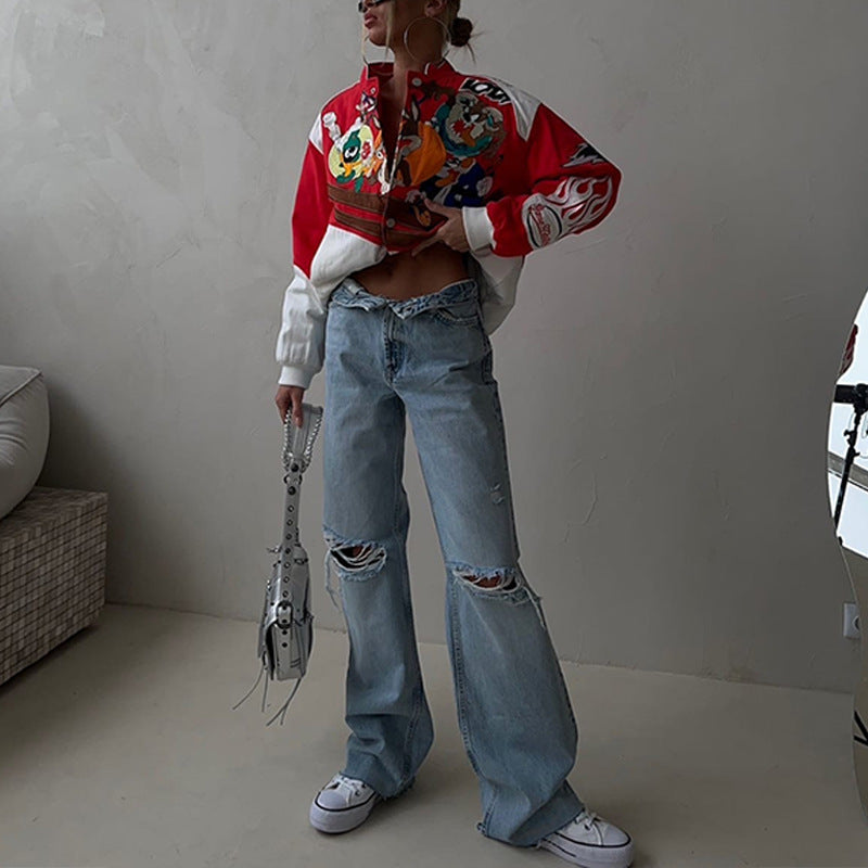 Women Fashion Casual Letter Cartoon Print Long Sleeve Baseball Jacket Coat