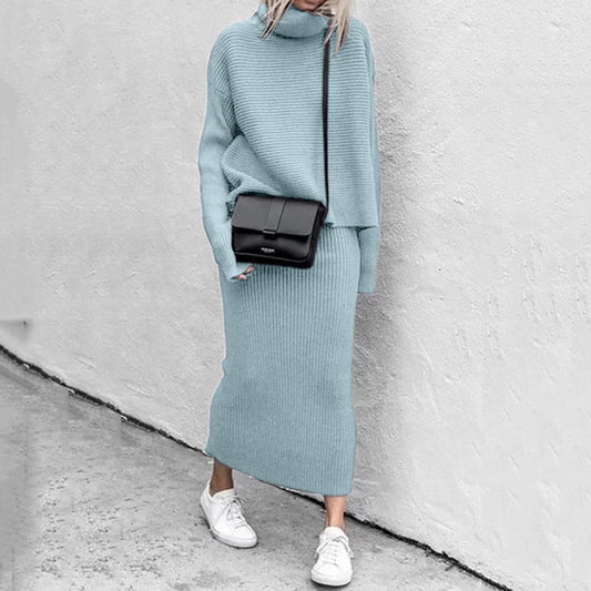 Women Winter Autumn Solid Knitted Turtleneck Long Sleeve Sweater And Skirt Casual Loose Two Piece Set