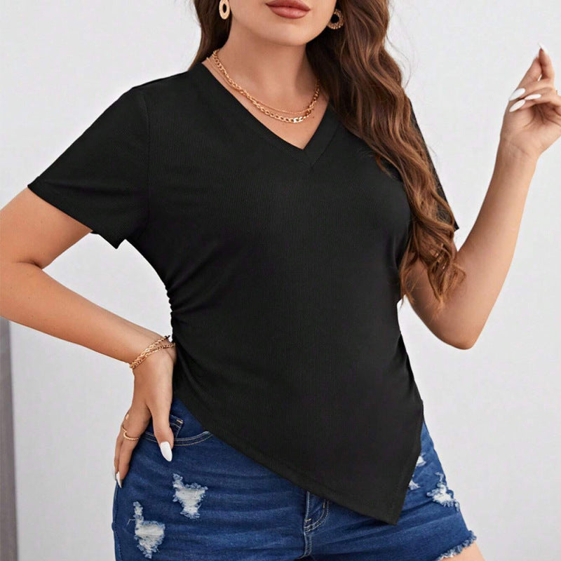 Camiseta básica informal de verano para mujer, de talla grande, con manga corta y escote en V y dobladillo triangular