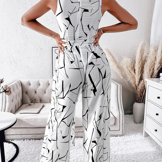 Women Fashion Casual Irregular Printing Sleeveless Jumpsuit