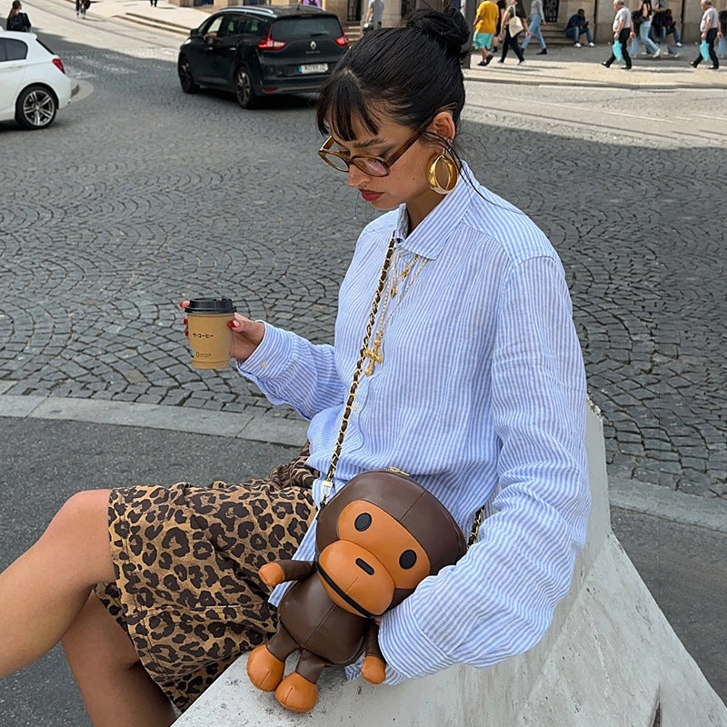 Camisa de manga larga con solapa y rayas informal sencilla para mujer