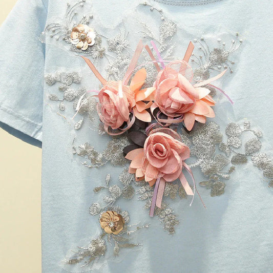 Camisetas casuales de algodón con cuello redondo y flores para mujer